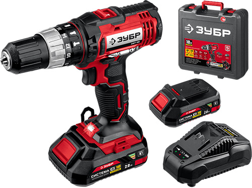 Ударная дрель-шуруповерт в кейсе, 2 АКБ (2Ач), 18 В, ЗУБР Мастер