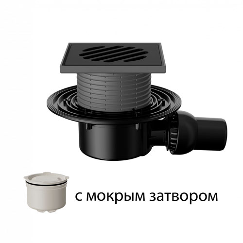 T 520.0 PHsB Трап горизонтальный с регулировкой угла отвода серии 520 с чугунной решеткой, с мокрым затвором, без фланца