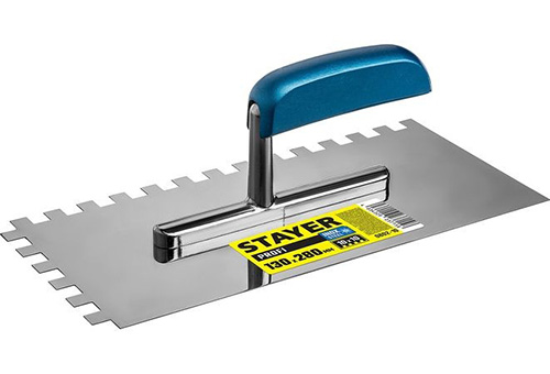 Гладилка зубчатая нержавеющая с пластиковой ручкой 130х280мм, зуб 10х10мм