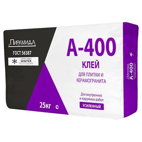 Клей усиленный для плитки и керамогранита А400 WINTER, 25 кг мешок, Пирамида
