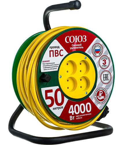 Удлинитель на катушке 4 гнезда 2х2,5 (50 м), 4000 Вт, Союз 481S-3805