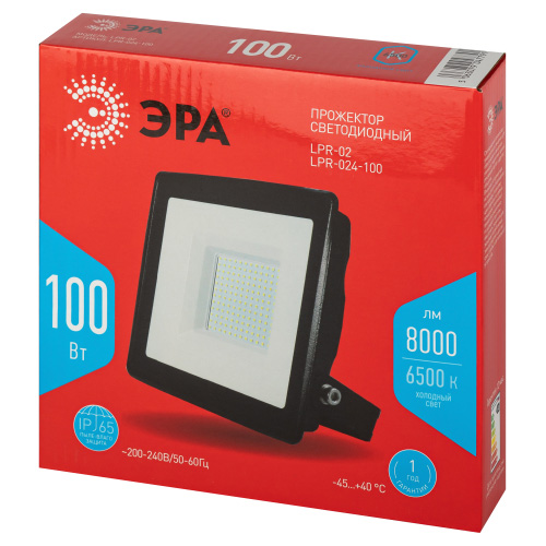 Прожектор светодиодный уличный ЭРА RED LINE 100 Вт, 6500К 8000 Лм, IP65, 185х176х37 мм