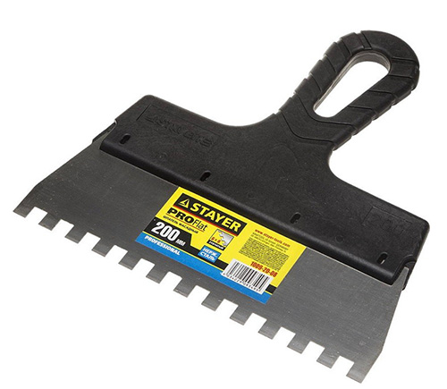 Шпатель из нержавеющей стали 200 мм, зуб 8х8 мм, пластмассовая ручка