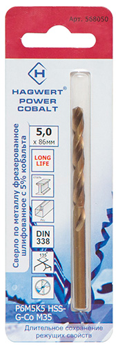 Сверло по металлу 5,0х86 мм Power-Cobalt Р6М5К5 фрез., Hagwert