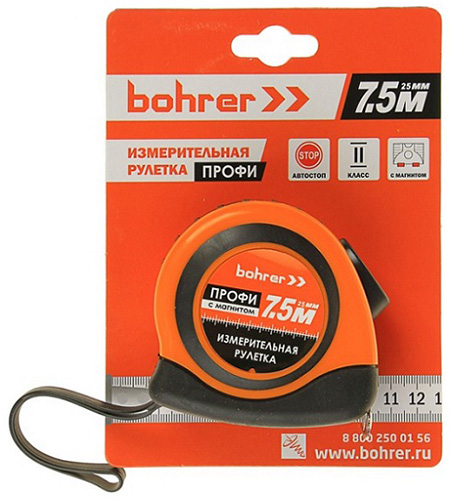 Рулетка 7,5 м х 25 мм ударопрочный корпус, магнитный зацеп, Bohrer Комфорт