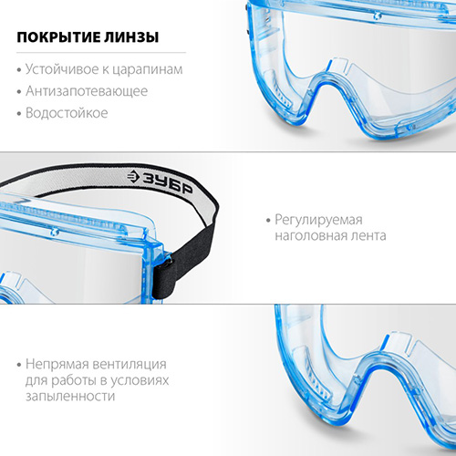 Очки защитные панорамные, закрытого типа с непрямой вентиляцией, ЗУБР Панорама