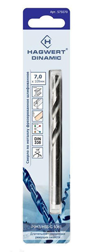 Сверло по металлу 7х109 мм  Power-Cobalt Р6М5К5 фрез., Hagwert