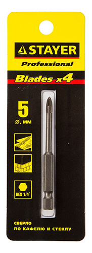 Сверло перьевое по стеклу и керамике 5 мм 4 грани, Stayer