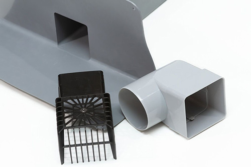 Парапетная воронка для ПВХ-мембран VC-PVC 100x100 ЭКОНОМ с угловым отводом и листвоуловителем