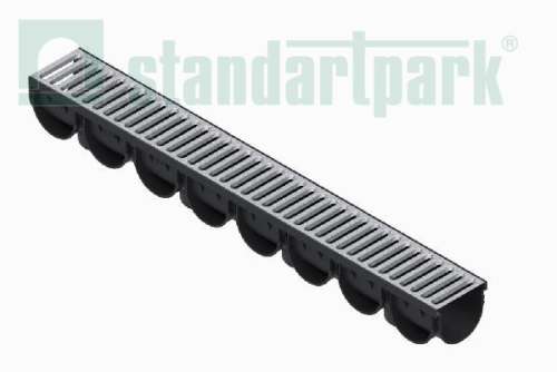 Лоток водоотводный Spark 3 пластиковый DN100 h100 с решеткой щелевой стальной оцинкованной (комплект) 088201-М, класс А15, комплект, Стандартпарк