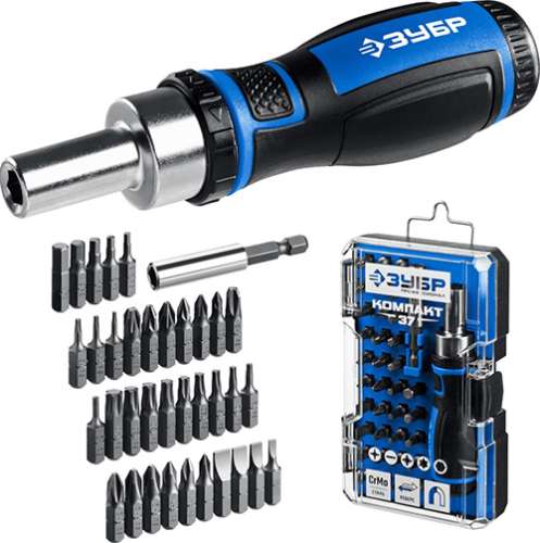 Реверсивная отвертка с насадками 37 предметов в наборе, ЗУБР Компакт